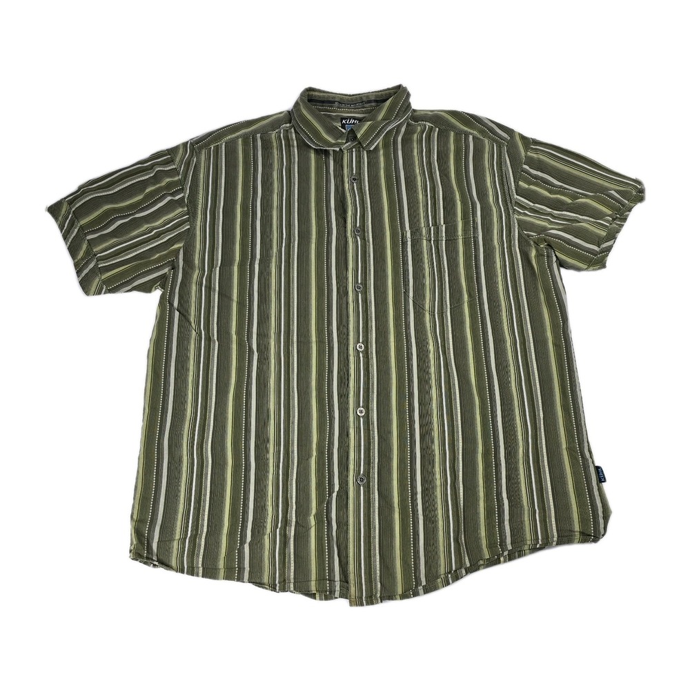 KUHL Suncel Shirt Men's XL Green Stripe Button Up Short Sleeve Hiking Gorpcore